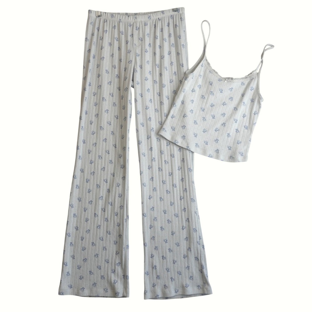 Aeropostale Pointelle Pajama Set Womens S White Blue Teddy Bear Lace Cami Pants